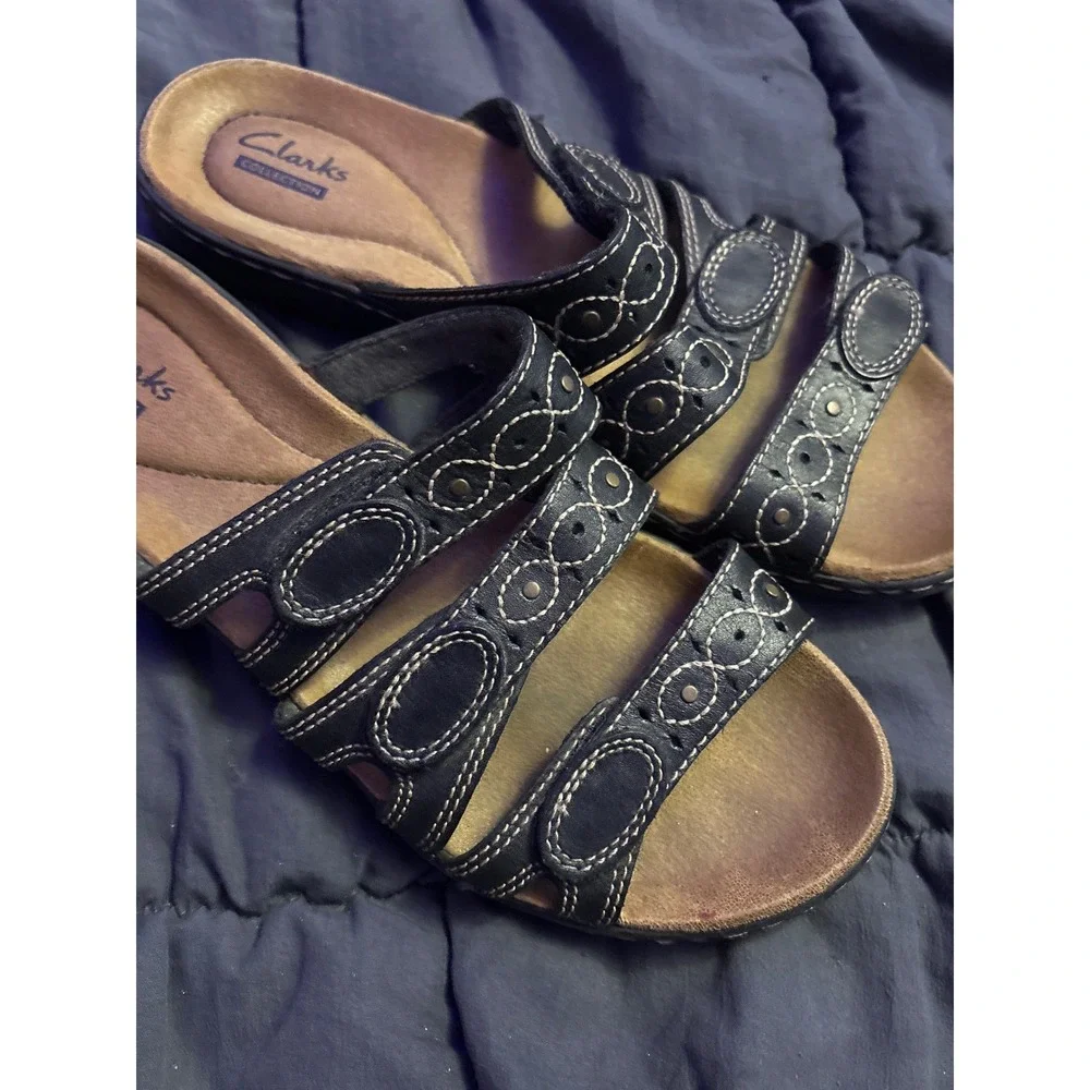 Clarks Collection Black Leather Multi Strap Slide Sandals Size 8 M
